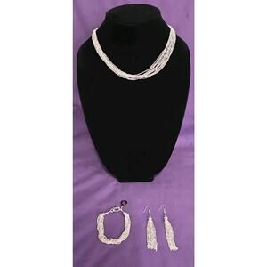 Elegant Multistrand Necklace Bracelet & Earrings Set Shimmery Silver Tone Metal